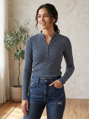 Simms Fishing Products Long Sleeve Ribbed V-Neck Striped Henley Shirt Top Tee S